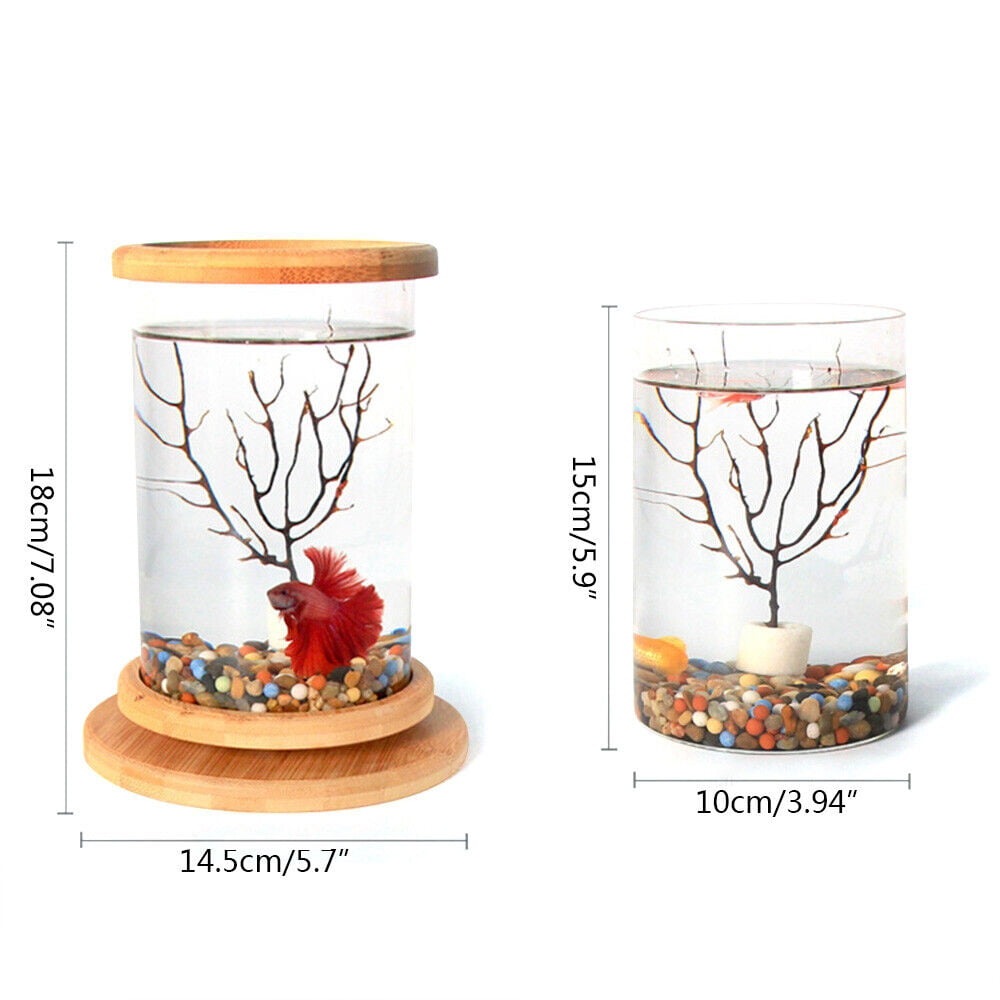 Bamboo + Glass Goldfish Small Fish Bowl Glass Eco Fish Tank Aquarium Ornamental 360 Degrees Rotatable