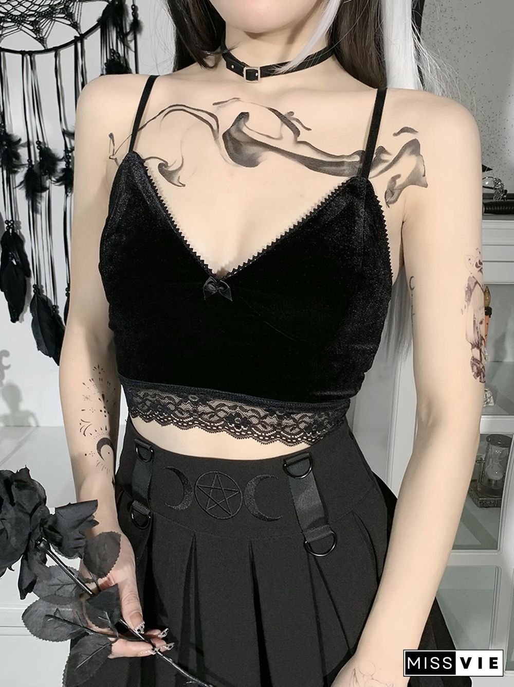 Mall Goth Cross Black Camis Vintage Aesthetic Lace Patchwork Velvet Camisole Grunge Spaghetti Straps V Neck Cropped Tops