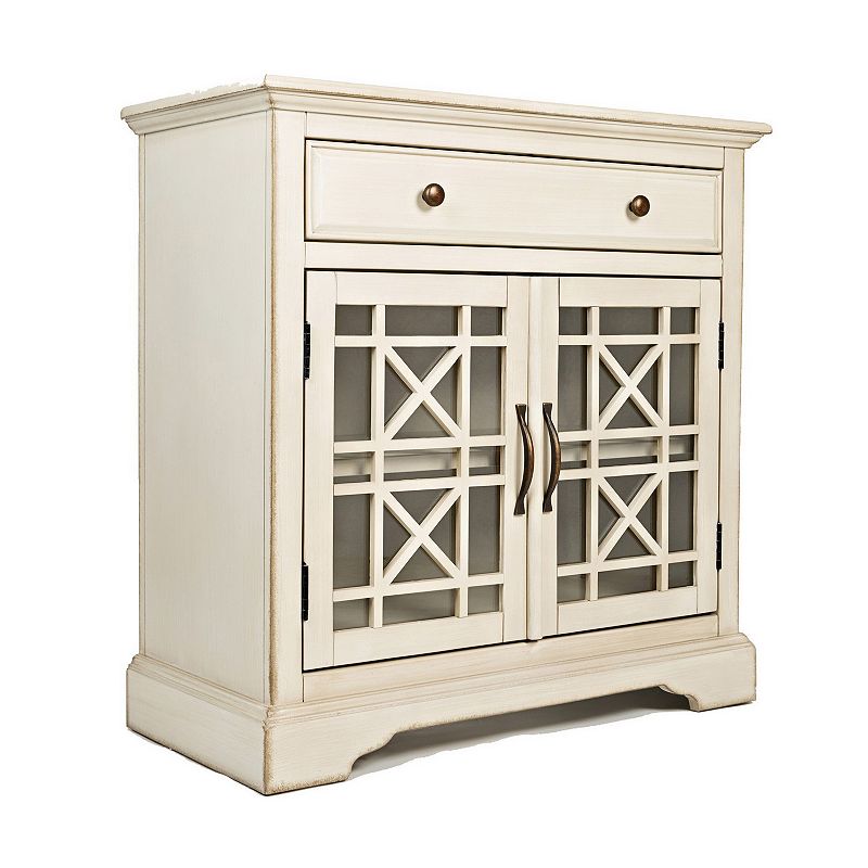 Koi 32 Inch Acacia Wood Accent Cabinet Console， 2 Fretwork Tempered Glass Doors， 1 Shelf， Antique White