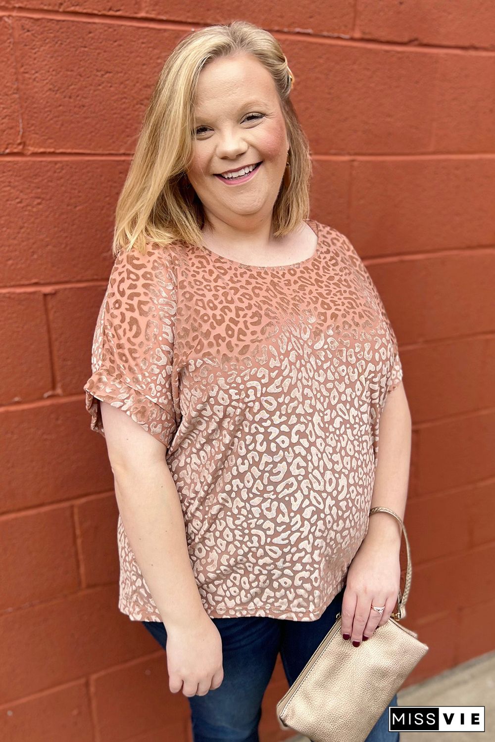 Pink Plus Size Ombre Glitter Leopard T-shirt