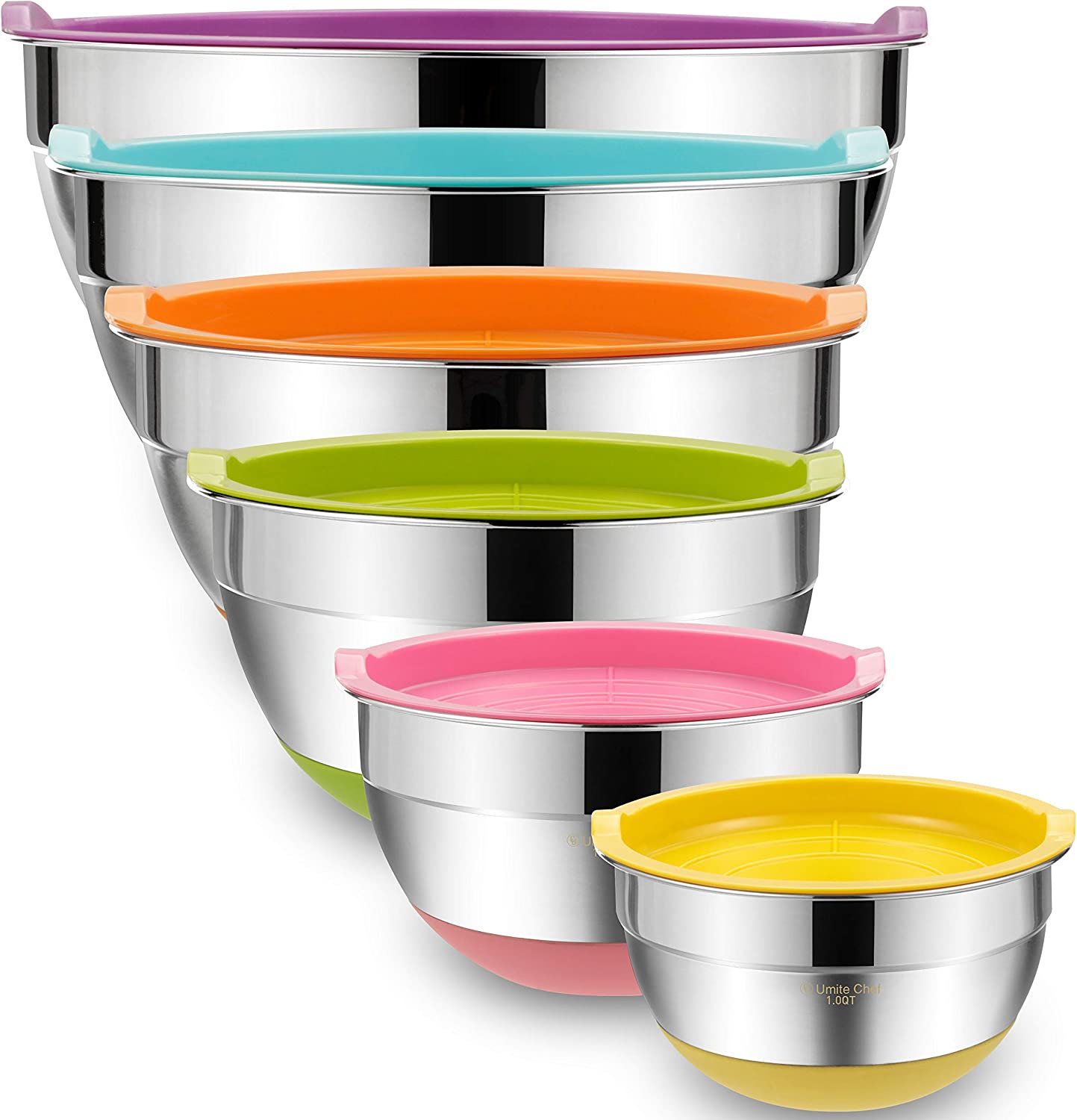 Chef Mixing Bowls with Airtight Lids 6 Piece Stainless Steel Metal Bowls, Measurement Marks & Colorful Non