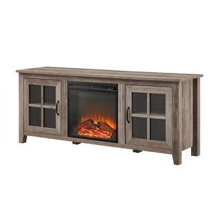 Welwick Designs 58 in. Grey Wash Wood and Glass Transitional 2-Door Windowpane Fireplace TV Stand Fits TVs up to 65 in. HD9150