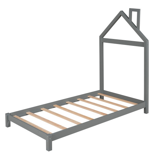 Twin Size Wood Platform Bed with House Shaped Head...