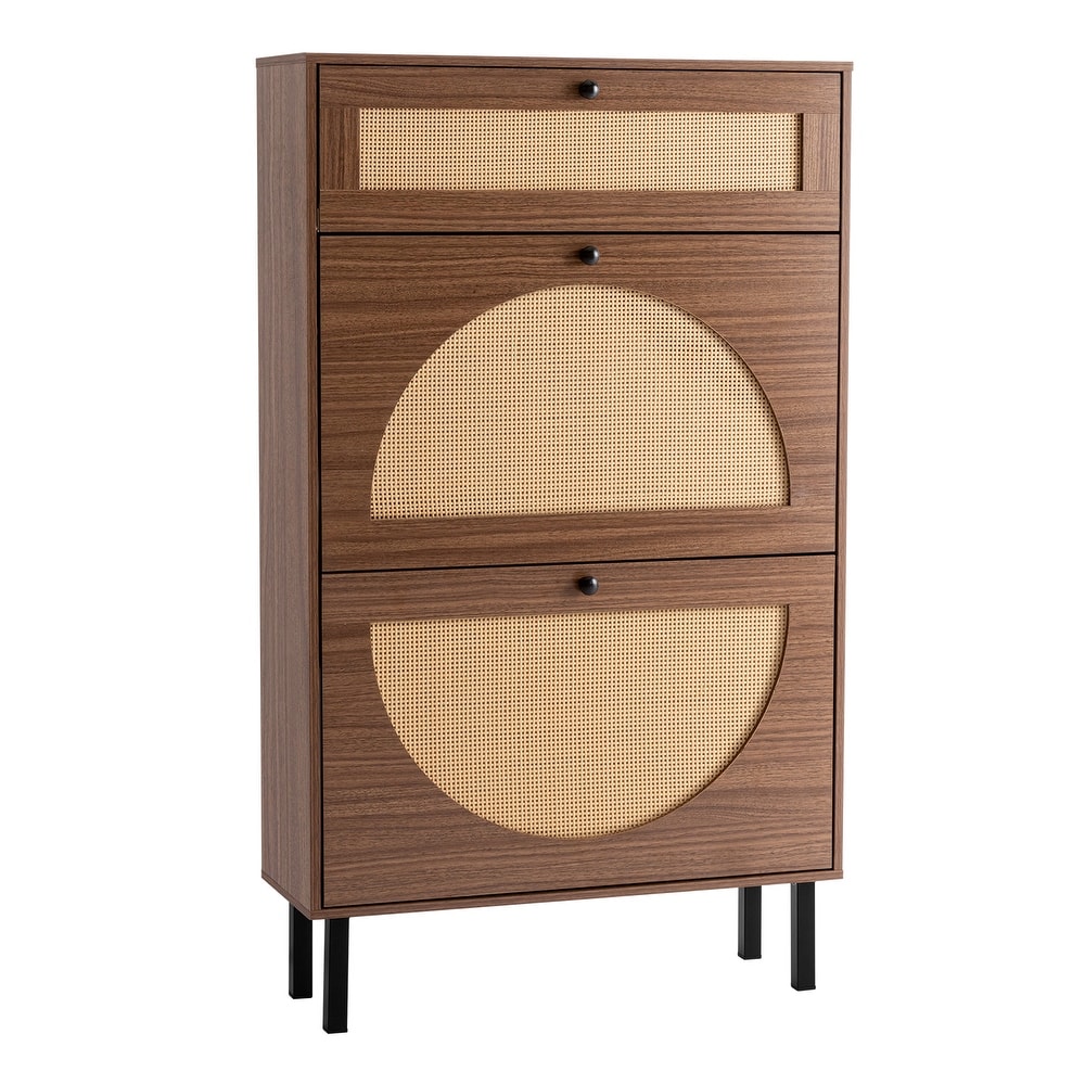 Rattan Shoe Cabinet Freestanding Shoe Rack Storage Cabinet with 2 Flip Drawers