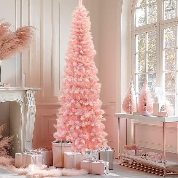 7Ft PreLit Pink Slim Hinged Artificial Christmas Tree with 8 Lighting Modes