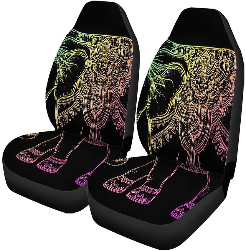 Set Of 2 Car Seat Covers Beautiful Tribal Elephant Over Black Colorful Boho Pattern Universal Auto Front Seats Protector Fits