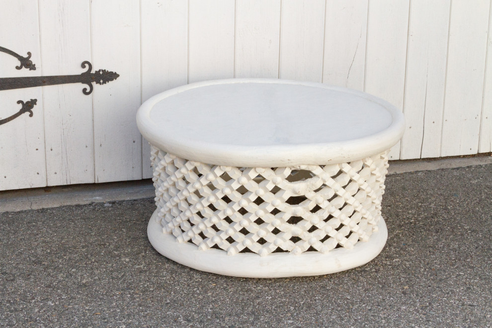 Aged White Bamileke Round Table   Farmhouse   Coffee Tables   by De cor  Houzz