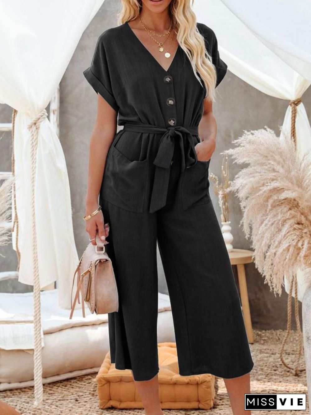 Loose V-Neck Strap Pocket Jumpsuit