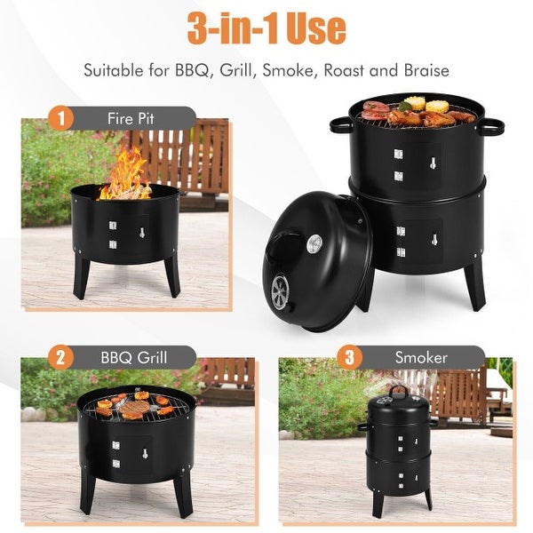 3-in-1 Charcoal BBQ Grill Cambo with Built-in Thermometer - 20.5