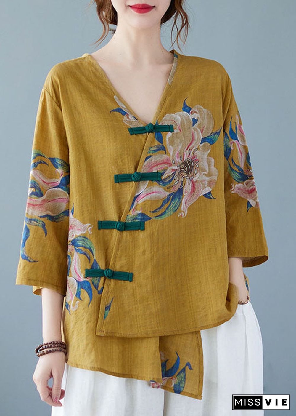 Yellow Button Shirt Tops Asymmetrical Half Sleeve