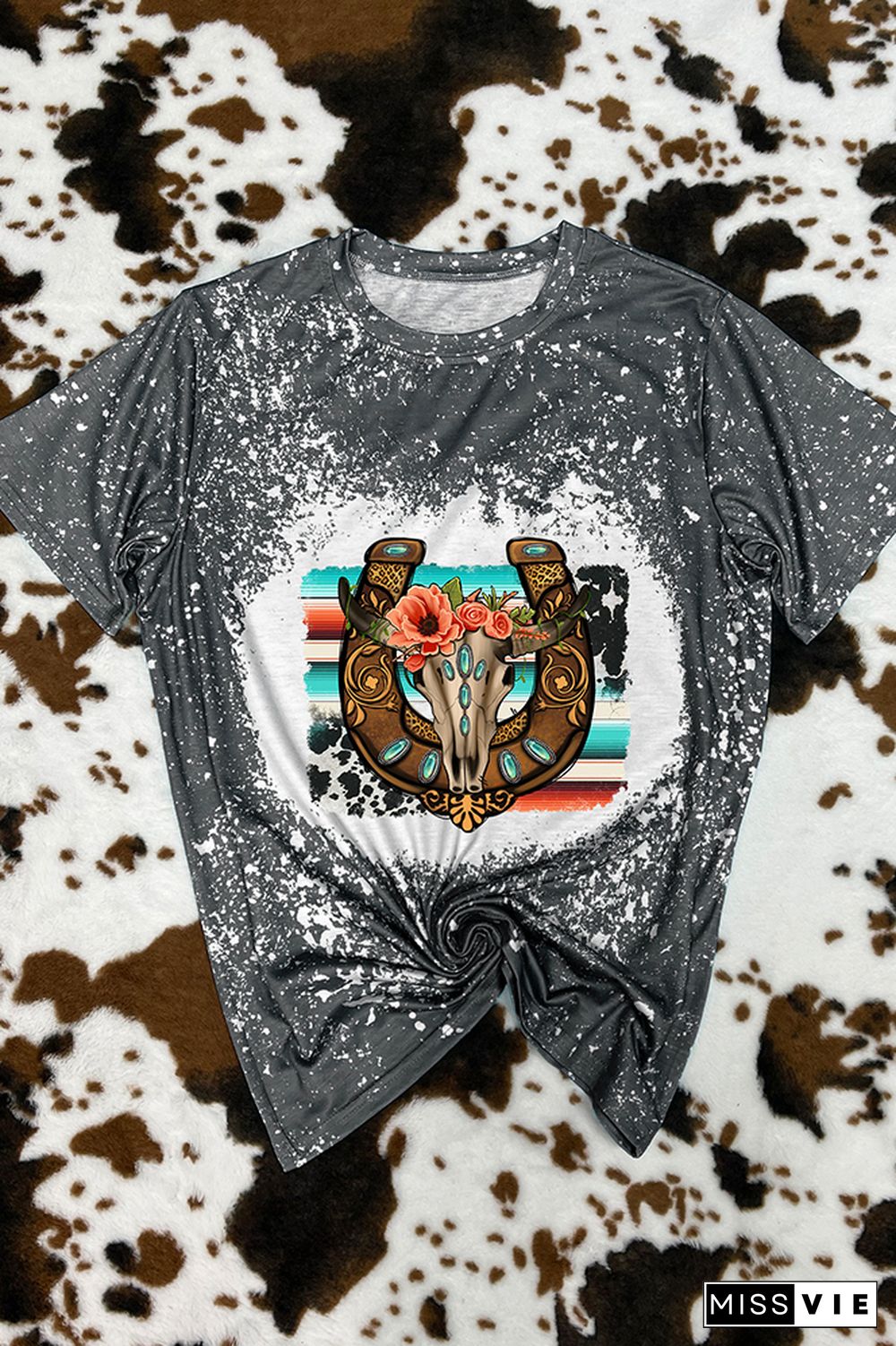 Horseshoe Floral Bull Skull Gemstone, Western Horseshoe Graphic Tee Wholesale