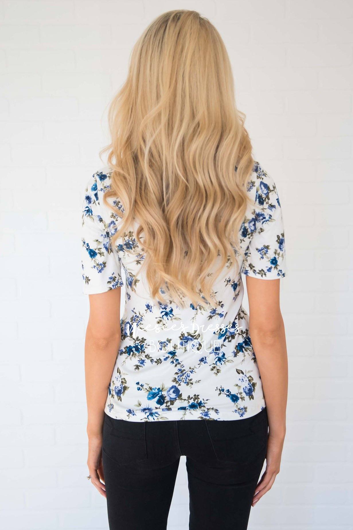 Ivory Blue Floral Scoop Neck Top