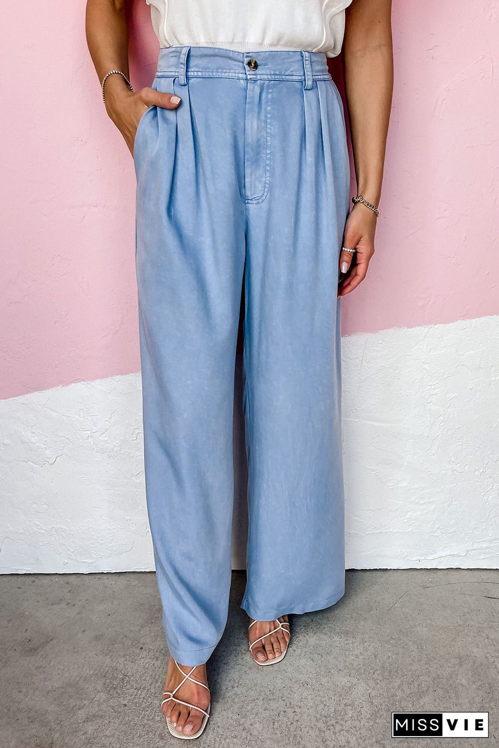 Sky Blue High Waist Pleated Wide Leg Jeans