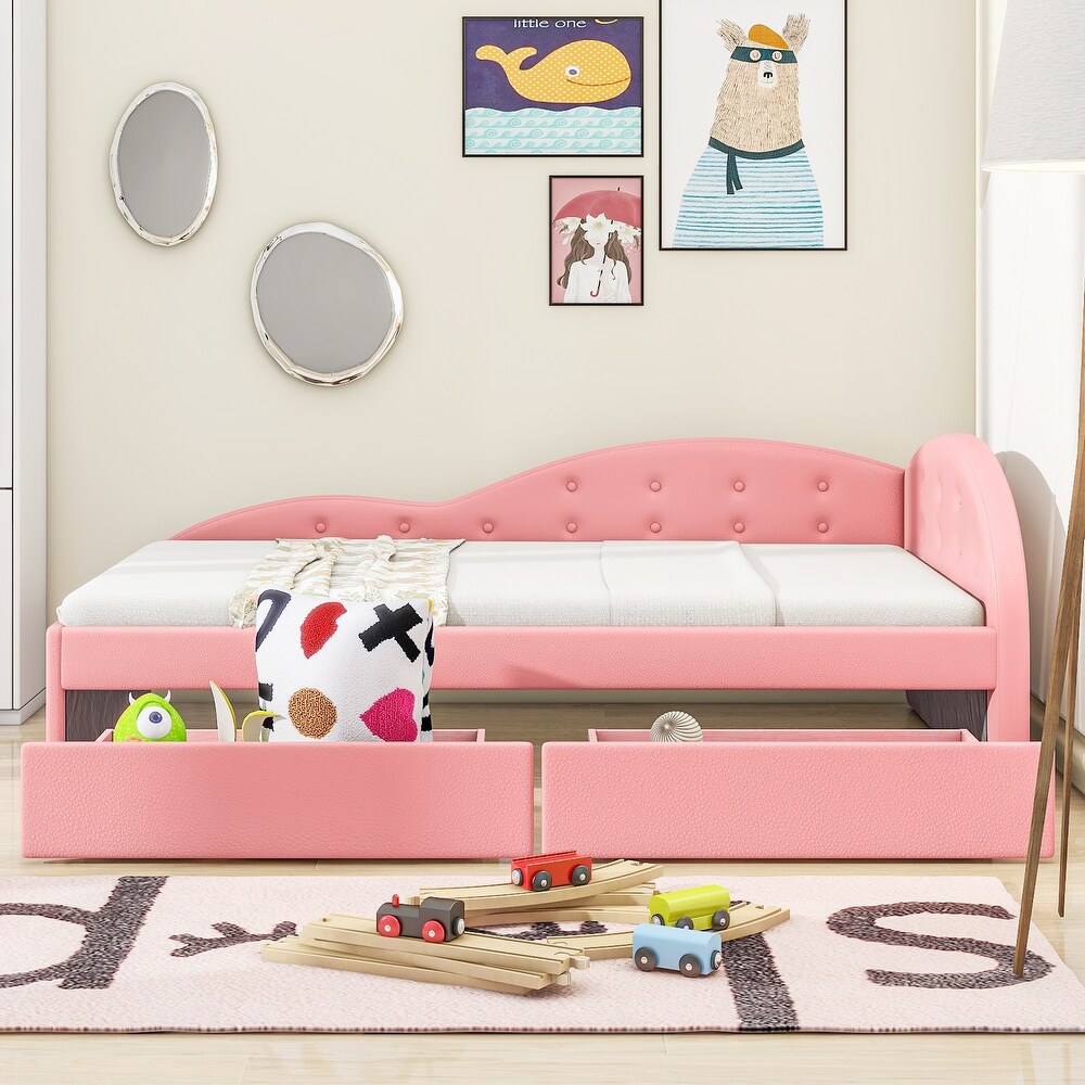 Twin Size PU Upholstered Daybed with Unique Cloud Shaped Guardrail  Cute Wooden Daybed with 2 Drawers Wood Slat Support  Pink