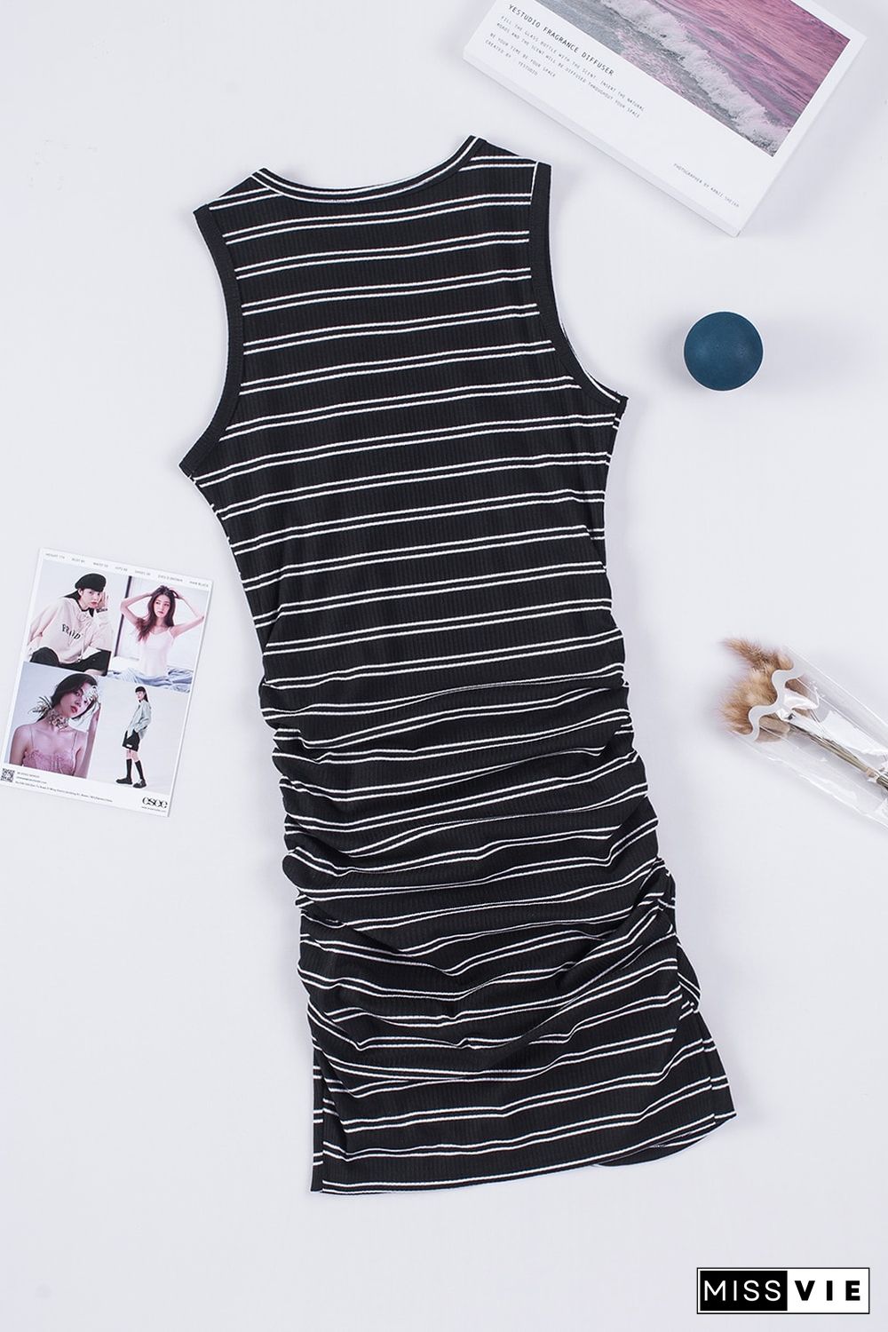 Black Striped Print Crew Neck Tank Mini Dress