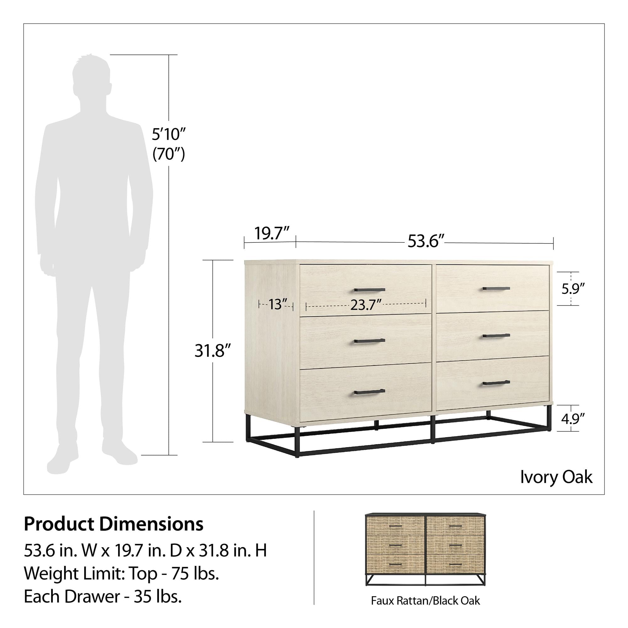 Novogratz Kelly 6 Drawer Dresser, Ivory Oak