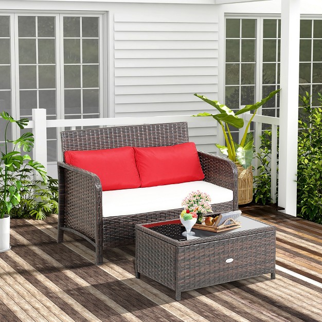 Costway 2pcs Patio Rattan Wicker Love seat Coffee Table Set Cushioned Bench Garden Deck