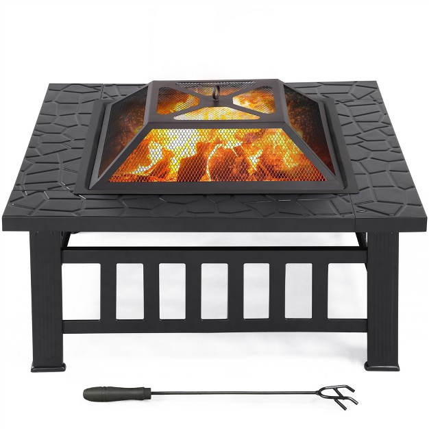 Yaheetech 32in Fire Pit Table Square Metal Firepit Stove Backyard Garden Fireplace For Camping