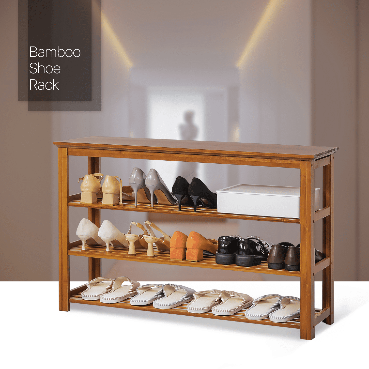 MoNiBloom Bamboo 4 Tiers 12 Pairs Shoes Rack， Organizer Stand， Large Surface for Bags， Brown， for Entryway