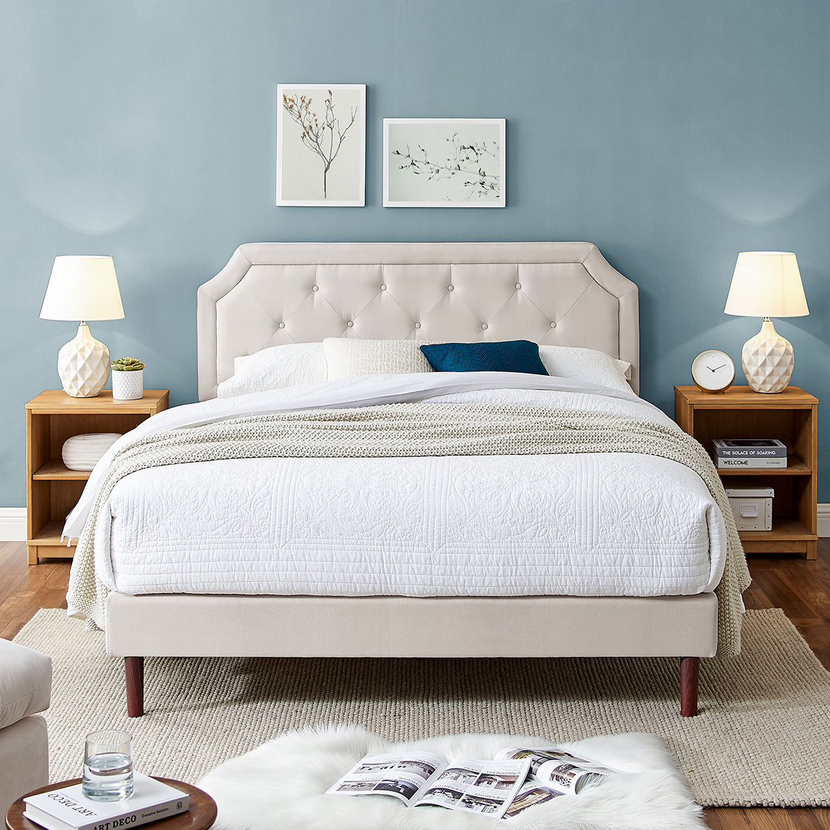 Bika Hom BU1002B-T Tufted Upholstered Platform Twin Size Bed Frame with Adjustable Height Headboard& Beige