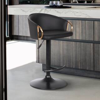 Armen Living Solstice Adjustable Black Faux Leather Swivel Barrstool With Black Powder Coated Finish and Gold Accents LCSCBABLBL