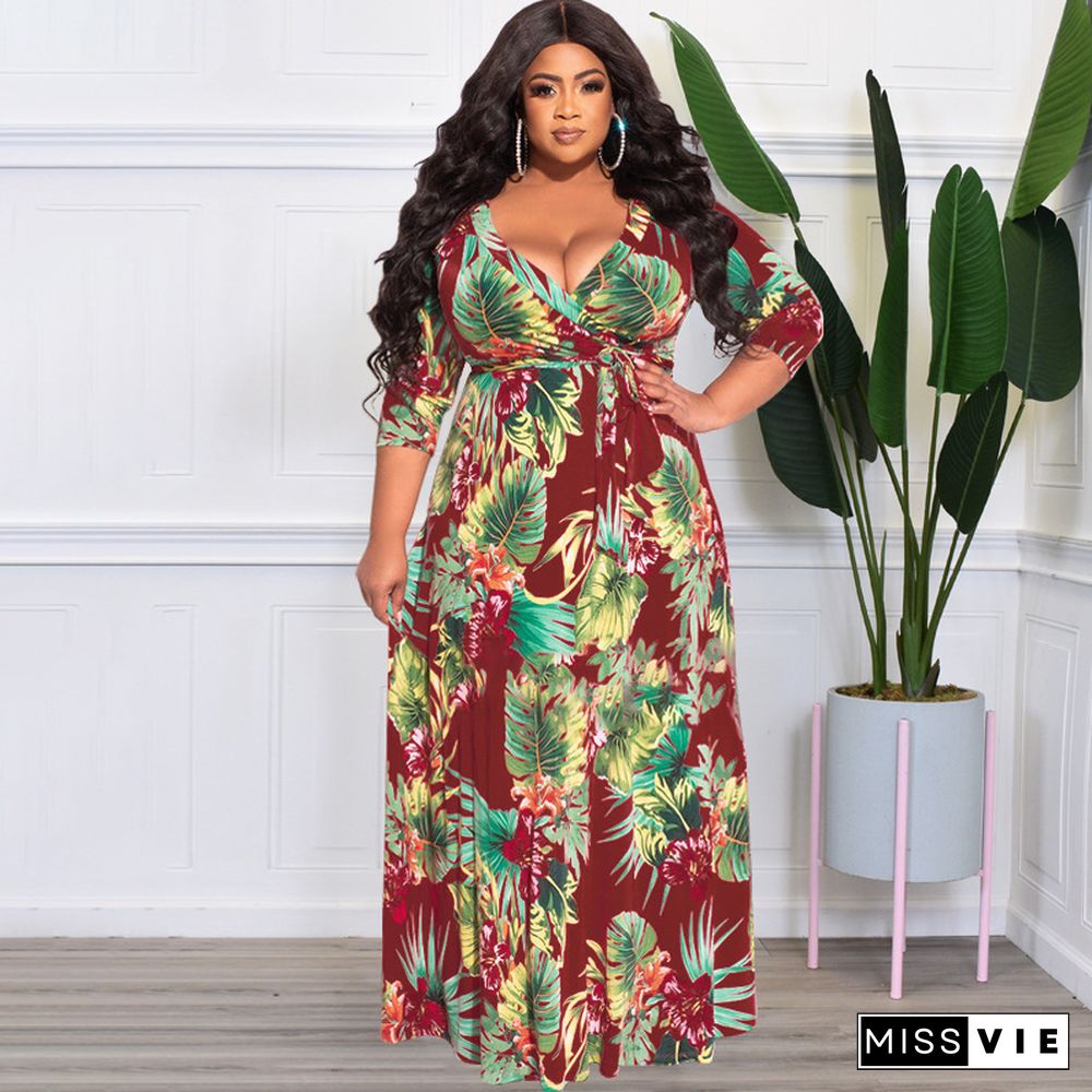 V Neck High Waist Vintage Plus Size Maxi Dress