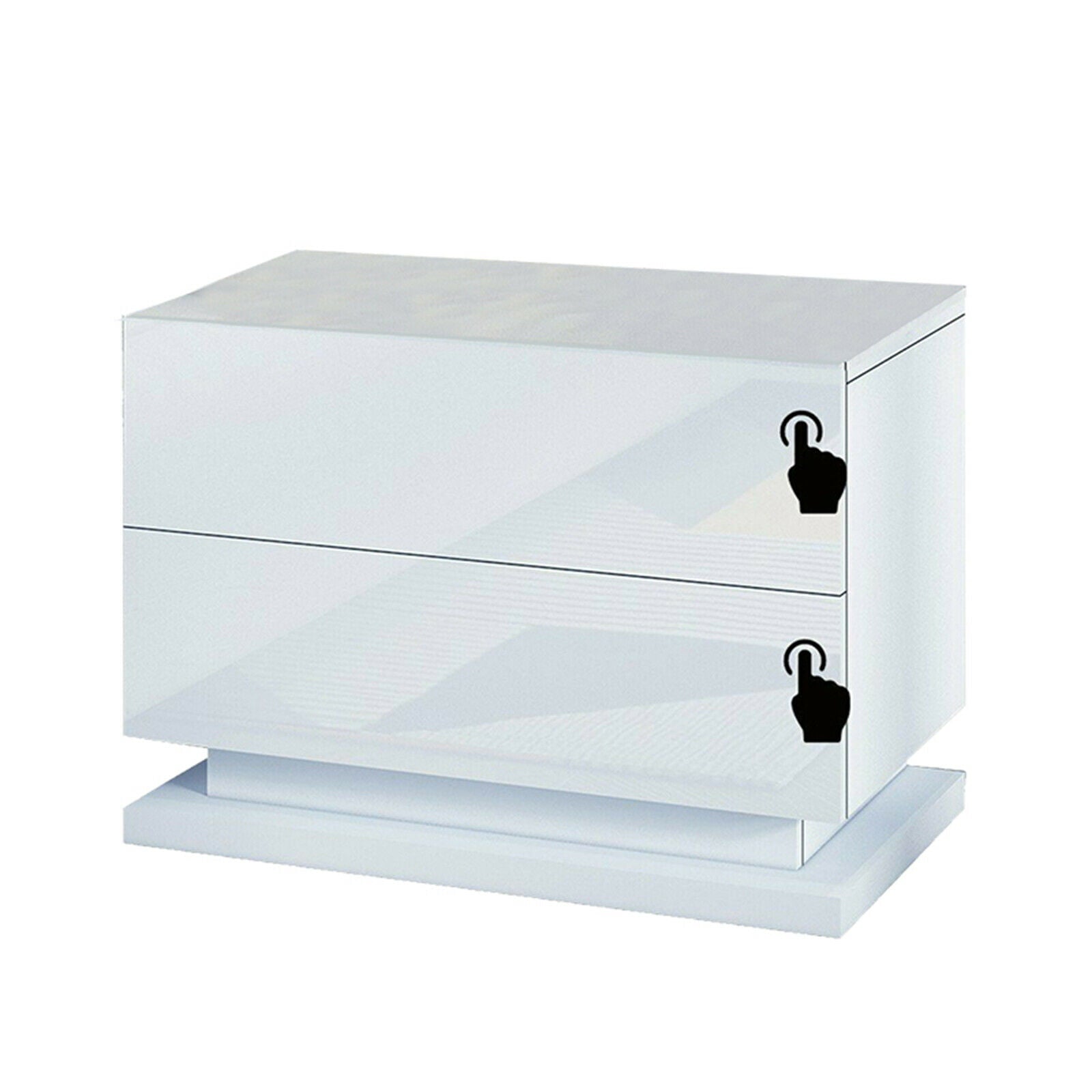 OUKANING LED Lighting Nightstand 2 Glossy Drawer Modern Bedside End Table White