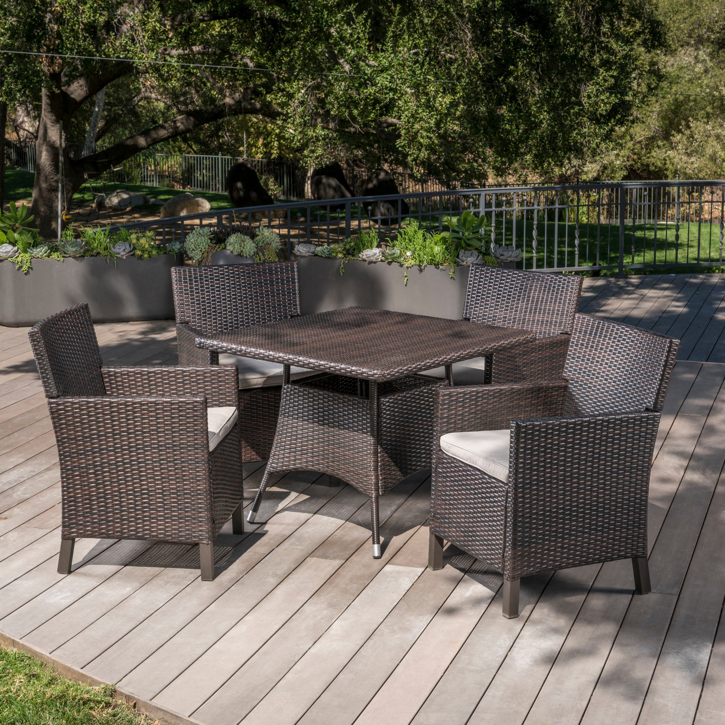 Cyril Outdoor 5 Piece Wicker Square Dining Set with Water Resistant Cushions