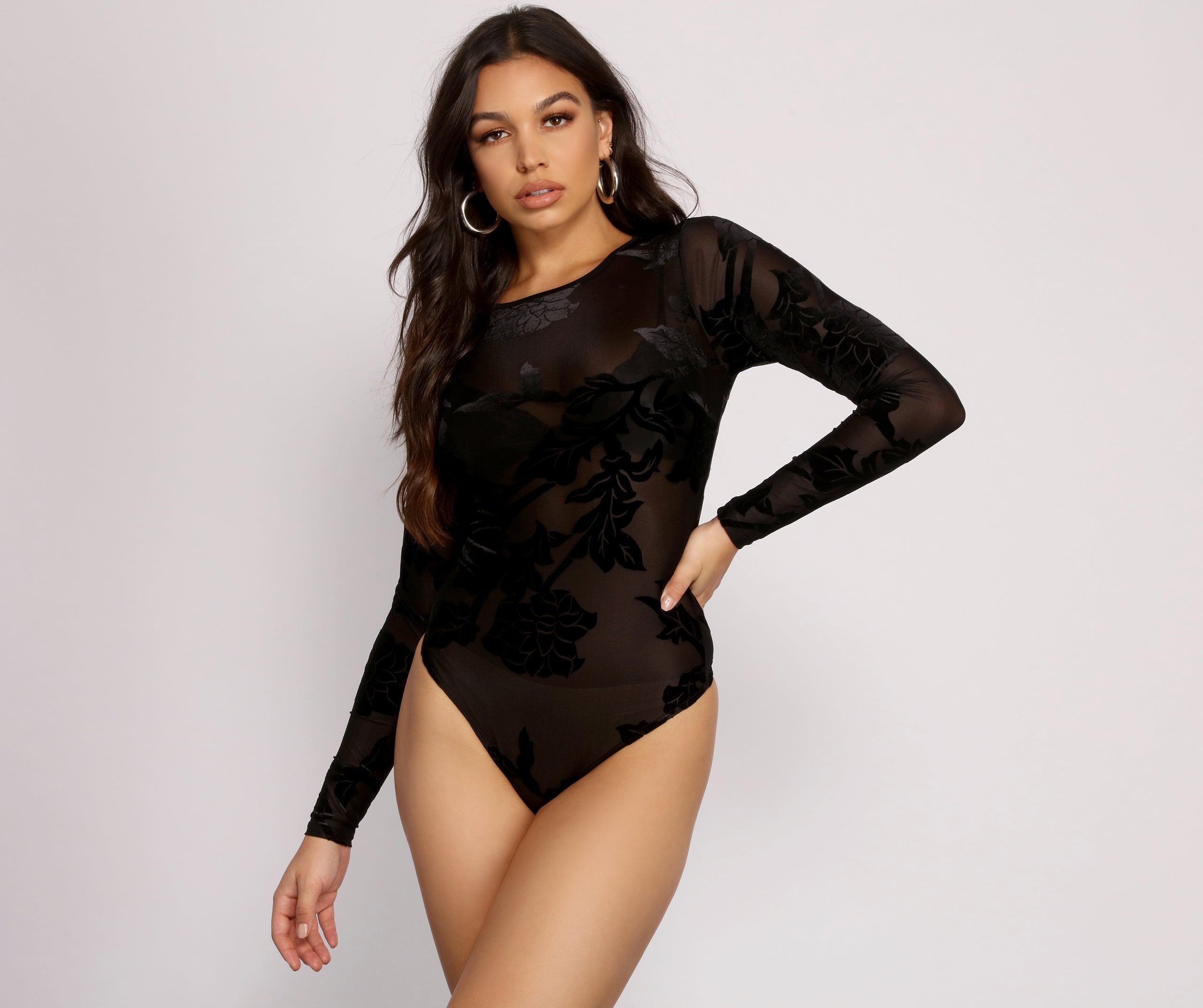 Flocked Floral Mesh Bodysuit