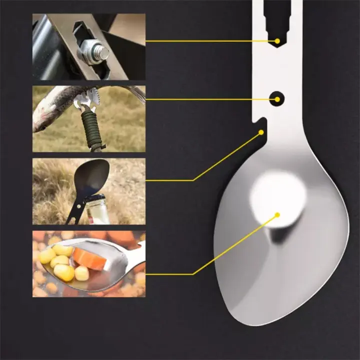 Outdoor camping mountaineering  activities stainless steel multi function small spoon fork bottle opener