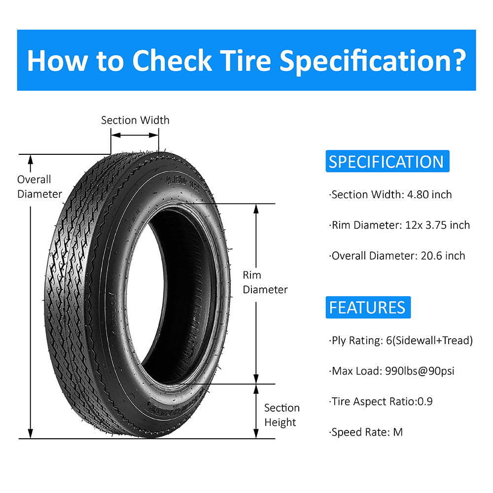 Albott Set of 2 4.80-12 Bias Trailer Tires 6PR 480-12 4.80x12 Hightway Boat Motorcycle Tires， Load Range C