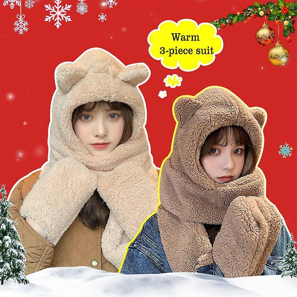 Winter Warm Plush Cute Animal Hats Hooded Scarf 2 In 1 Women Hat And Scarf Set Soft Ear Flap Cap White -