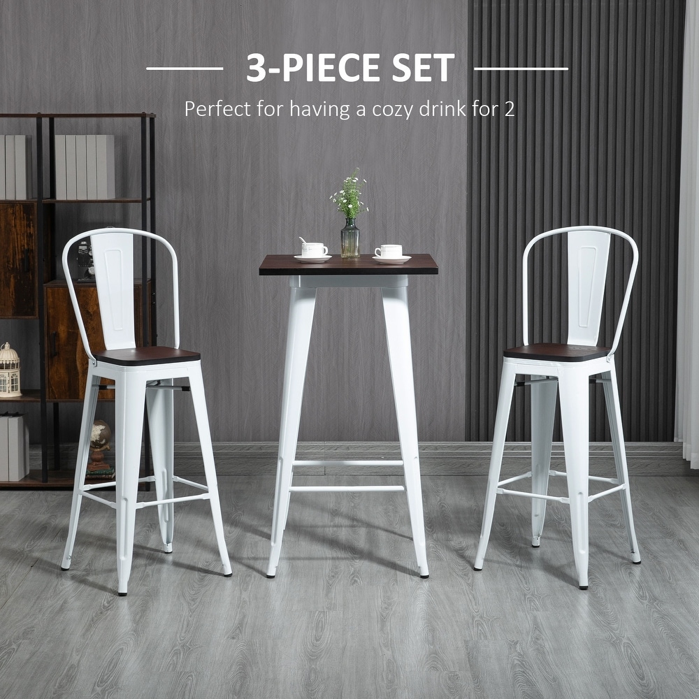 HOMCOM 3 Piece Bar Table Set with 1 Table  2 High Back Chairs and Metal Frame with Footrests for Home