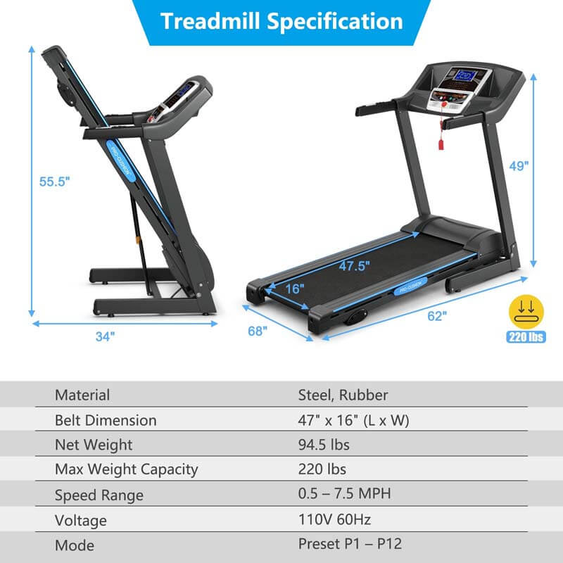 2.25HP Folding Treadmill, Electric Motorized Fitness Jogging Running Machine with Manual Incline, LCD Display