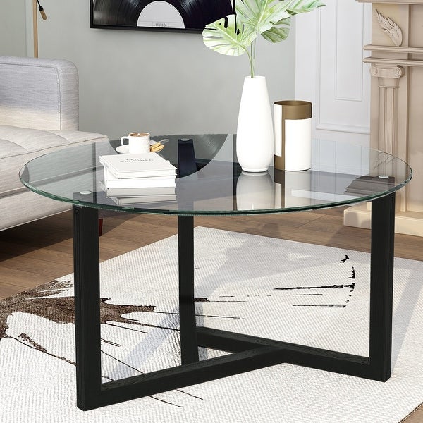 Round Glass Coffee Table Cocktail Table with Tempered Glass Top