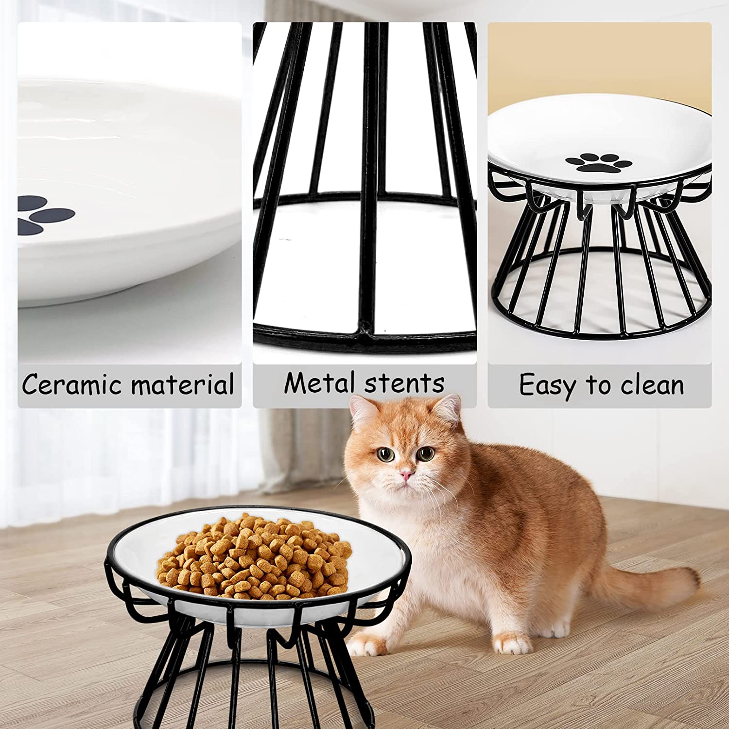 Hamiledyi Ceramic Cat Bowl with Metal Stand Raised Cat Bowls Elevated Kitten Dish Pet Food and Water Feeding Station for Indoor Kitty Puppy Small Dog