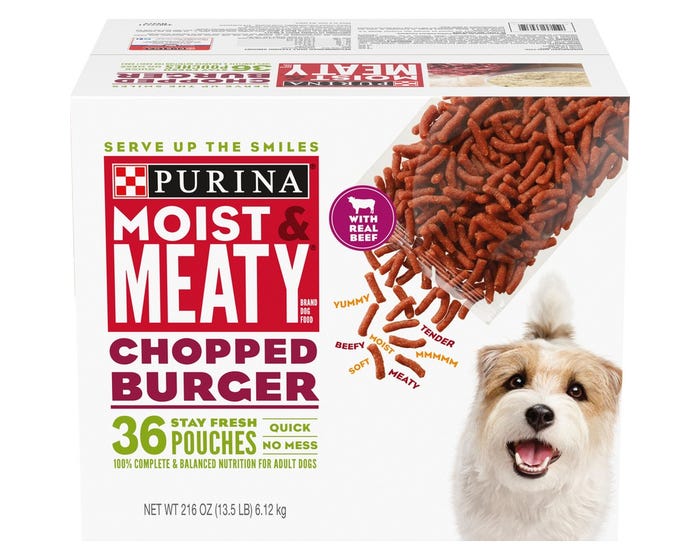 Purina Moist and Meaty Chopped Burger Dry Dog Food， 36 ct. Pouch