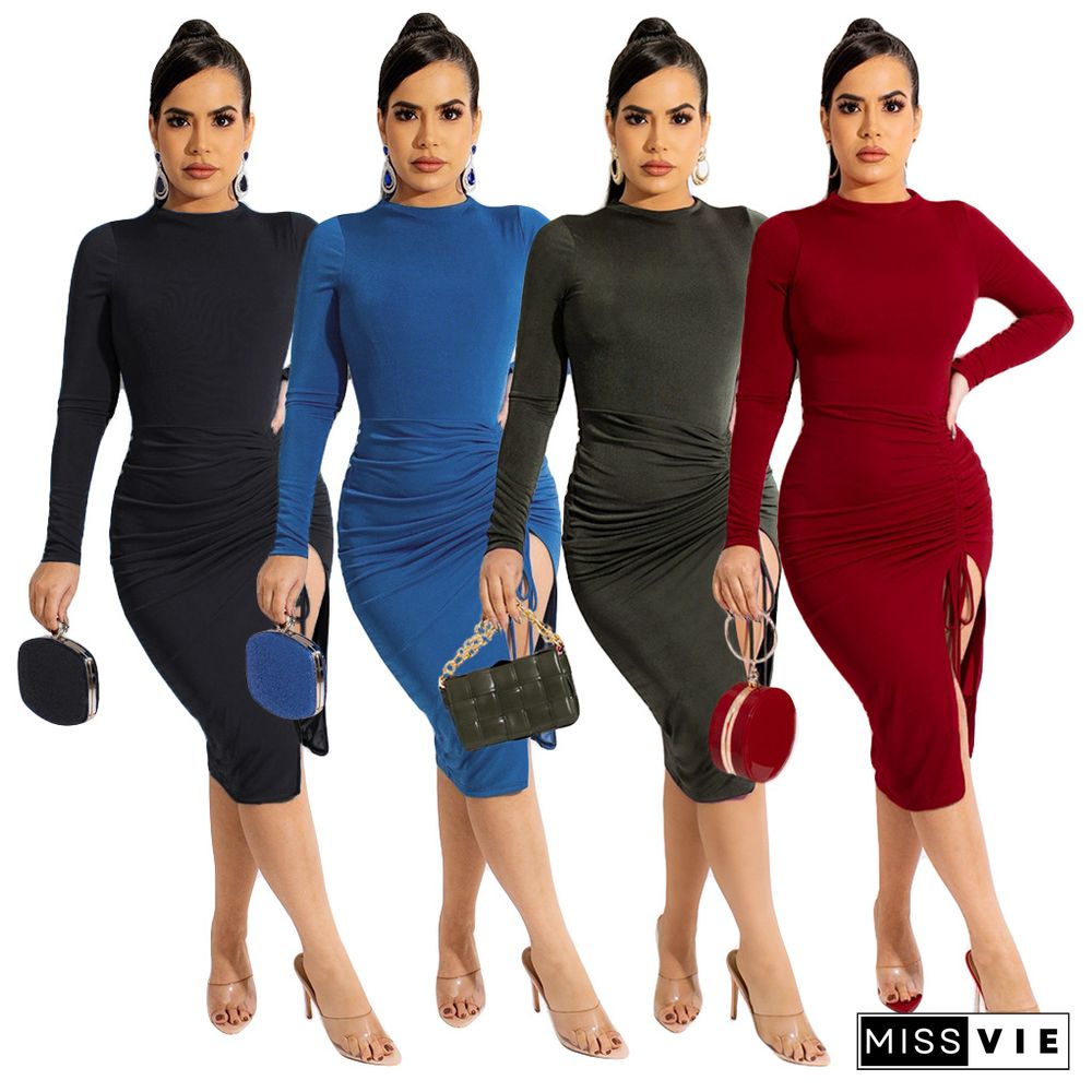 O-neck Long Sleeve Drawstring Ruched Dresses