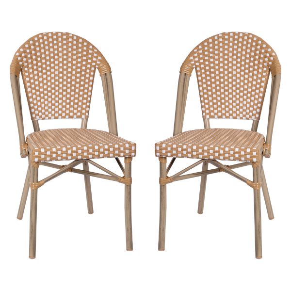 Lourdes Set of 2 Indoor/Outdoor Commercial French Bistro Stack Chairs， Natural/White PE Rattan Back and Seat， Bamboo Print Light Natural Aluminum Frame