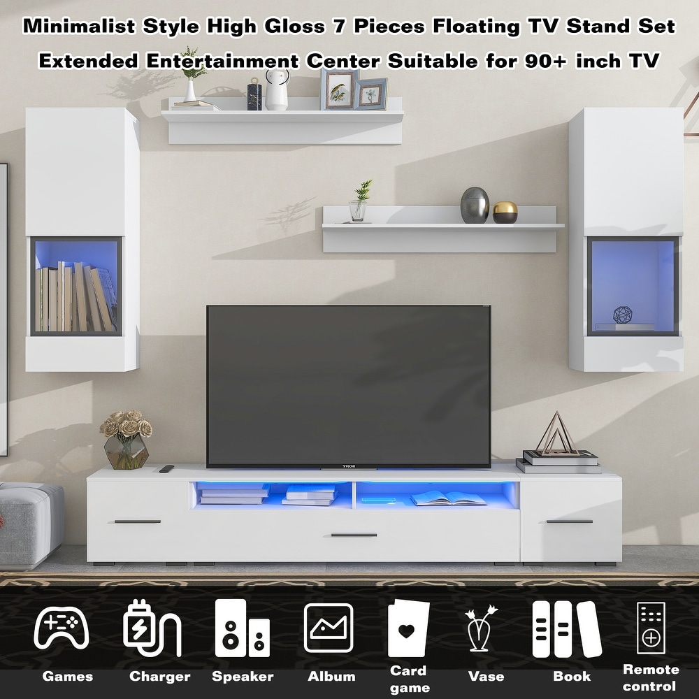 Modern TV Stand with LED Light 7 Pieces Floating TV Stand Set High Gloss Wall Mounted Entertainment Center for 90\