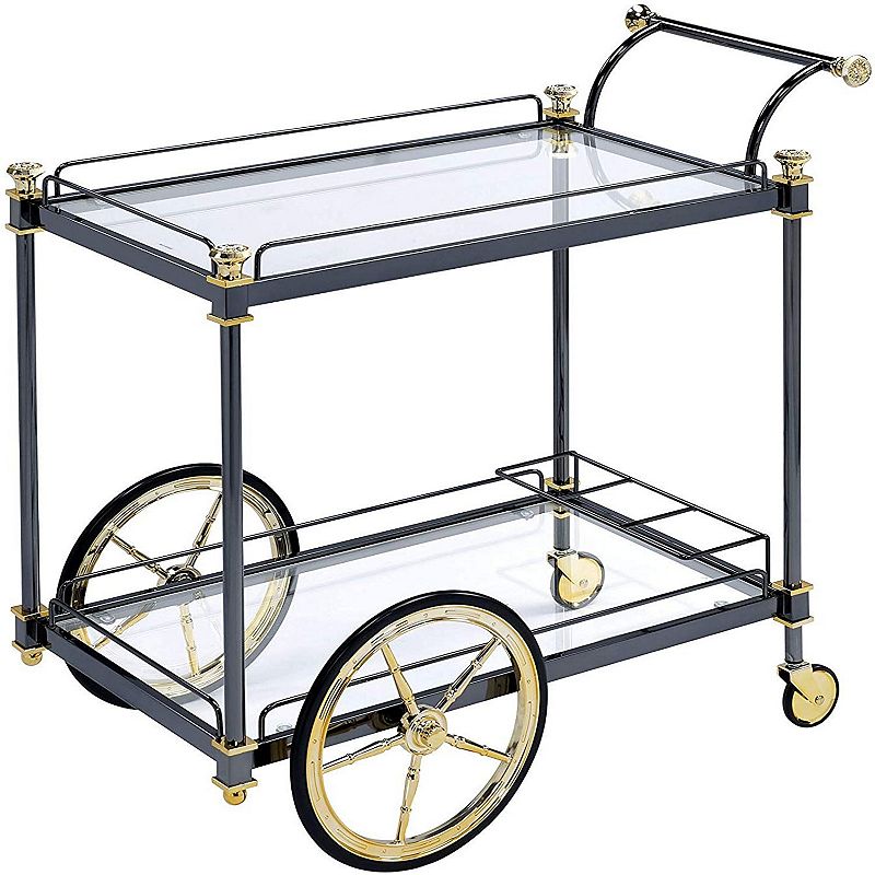 Metal Framed Serving Cart with Glass Shelves and Side Handle， Black and Gold