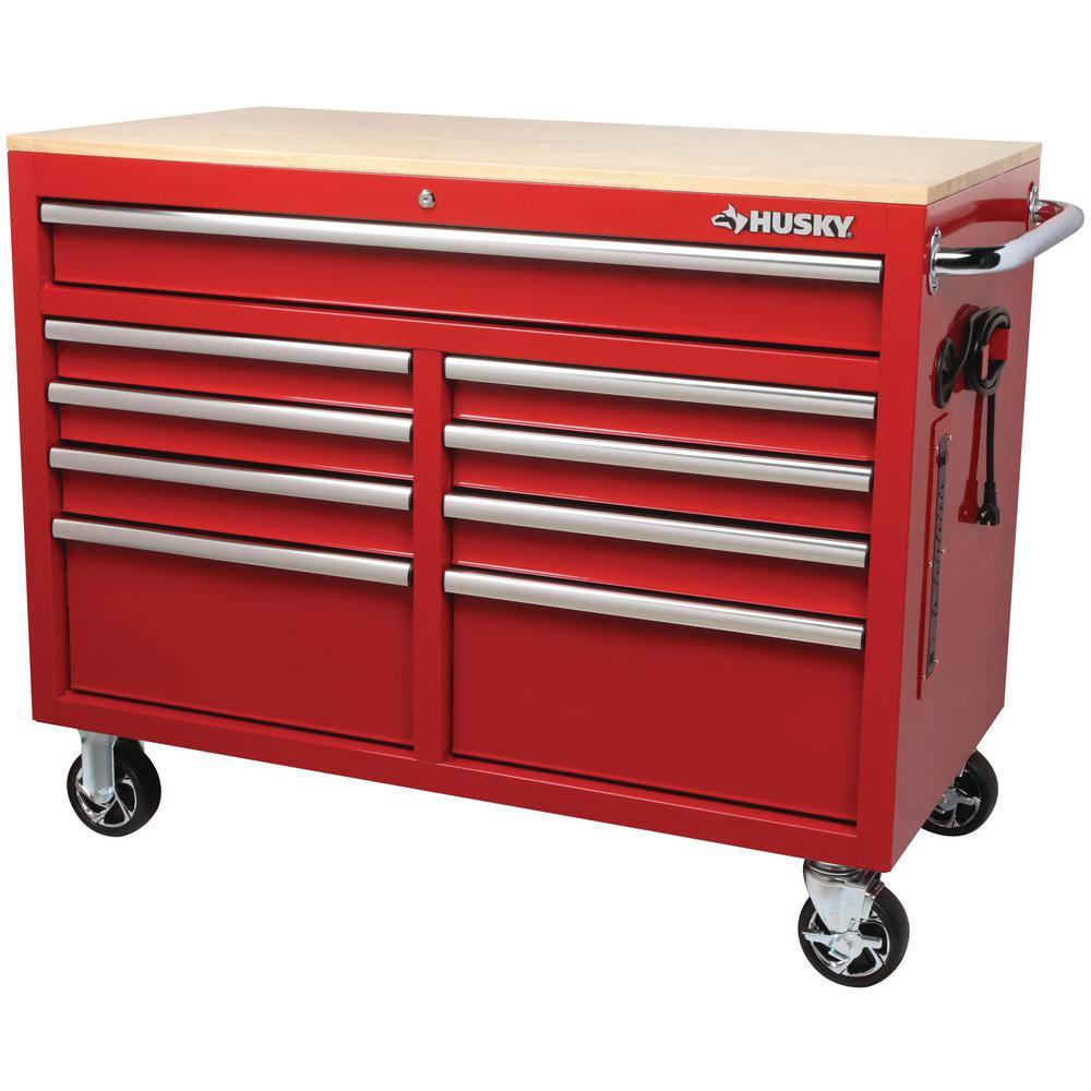 Husky 46 in. W x 24.5 in. D 9-Drawer Gloss Red Deep Tool Chest Mobile Workbench with Hardwood Top H46MWC9RV2-C