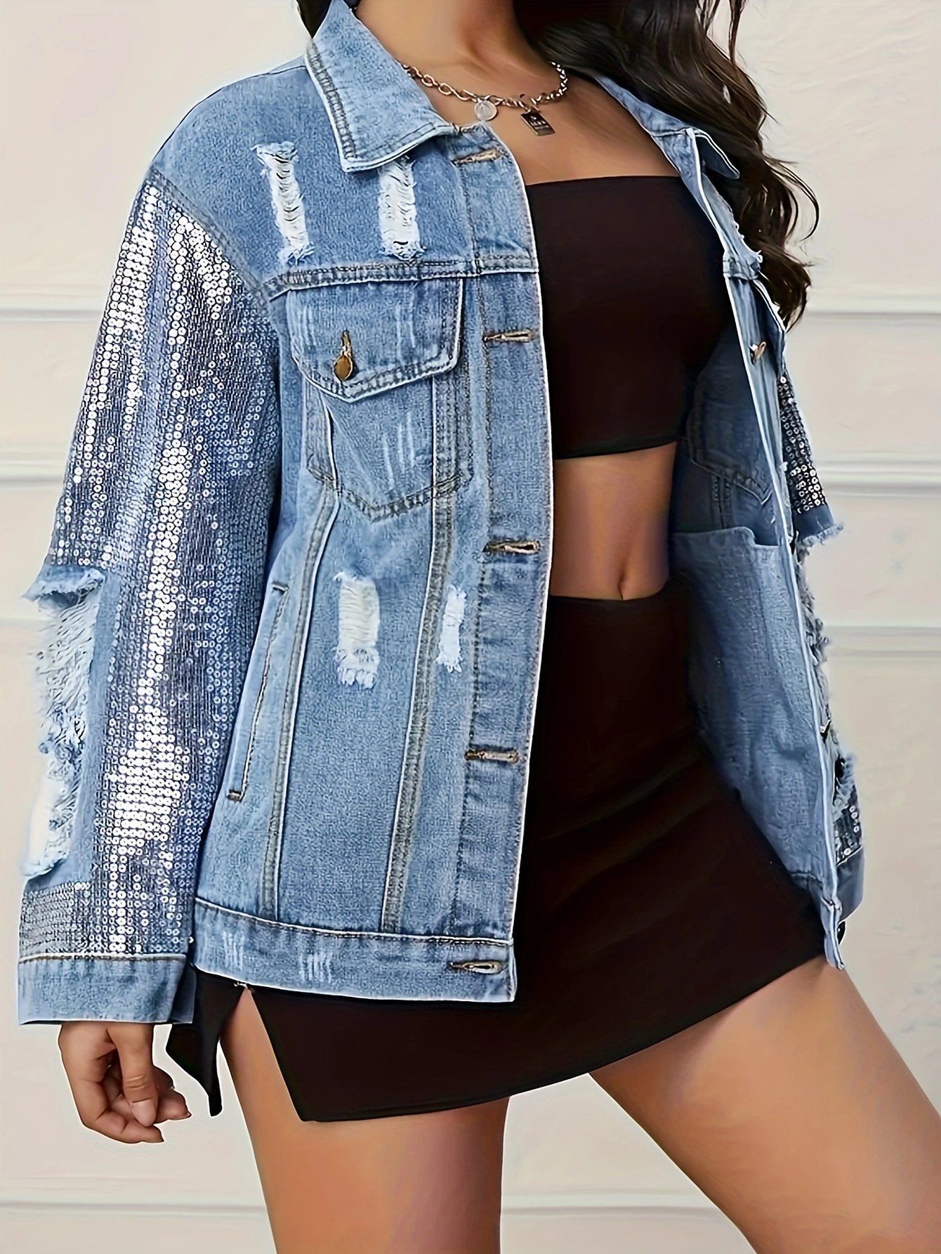 Ripped Vintage Long Sleeve Stylish Denim Jacket, Lapel Casual Denim Jacket With Button, Womens Clothing & Denim