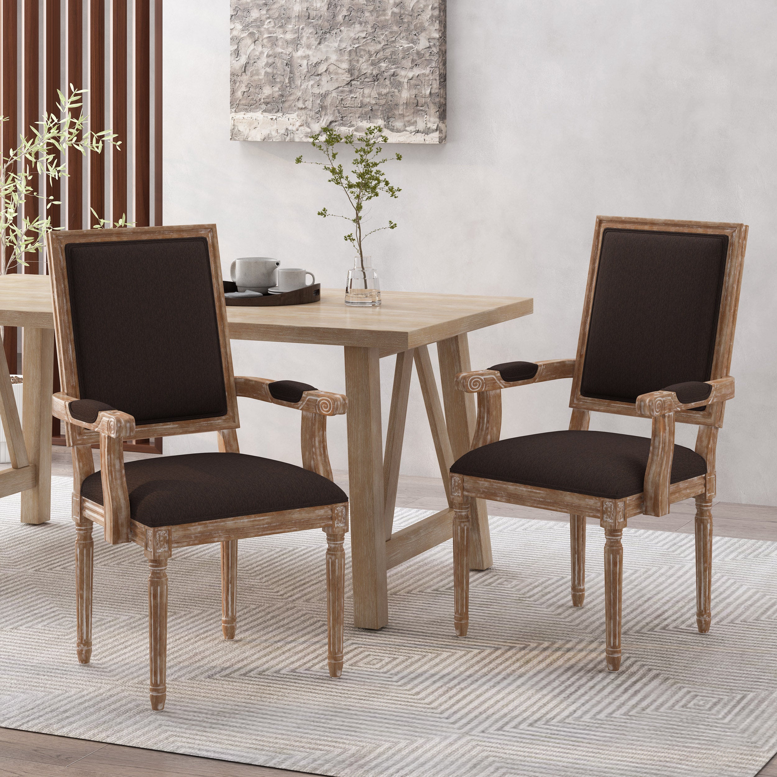 Ashlyn French Country Fabric Upholstered Wood Dining Chairs, Set of 2