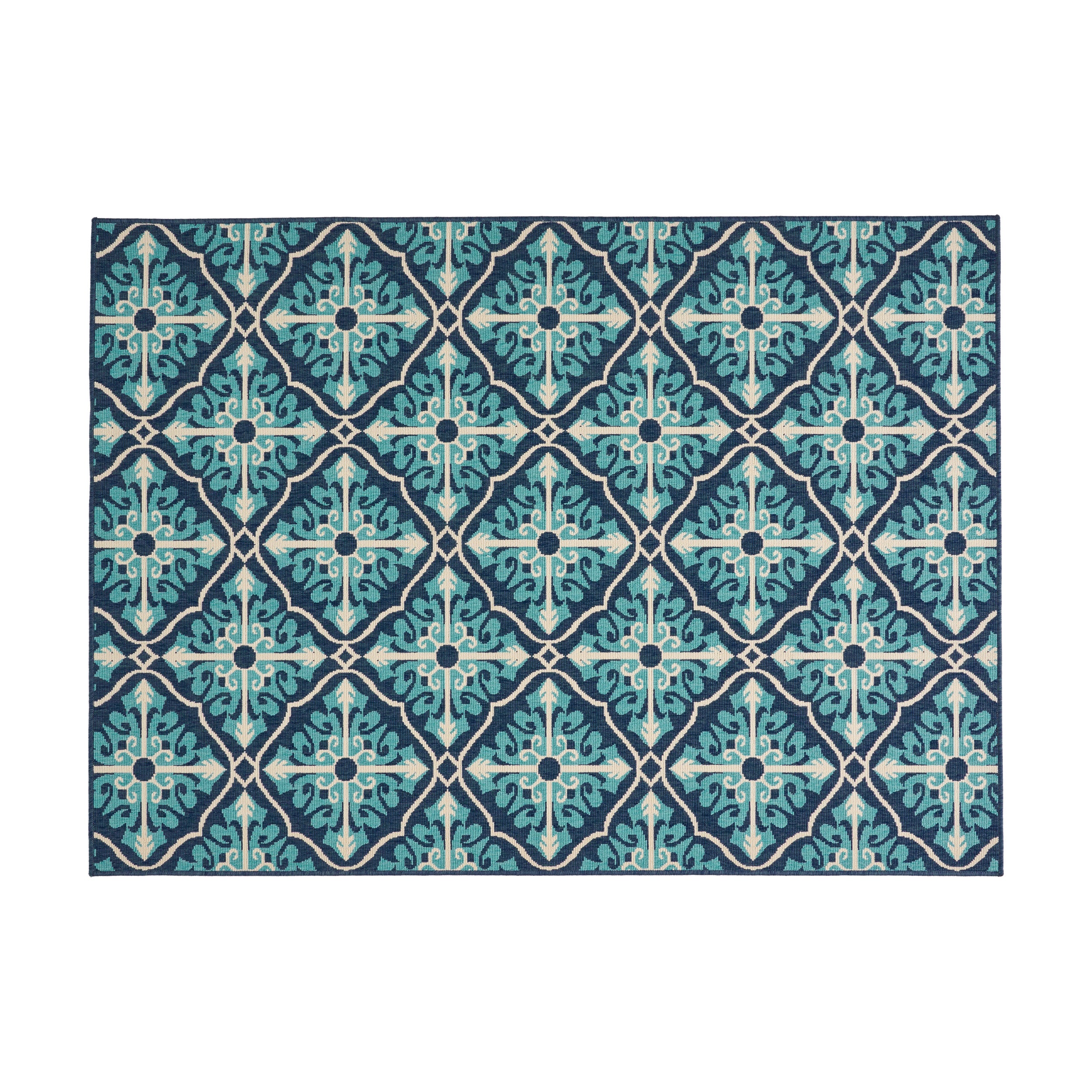 Jamia Outdoor Trellis Area Rug, Navy and Blue