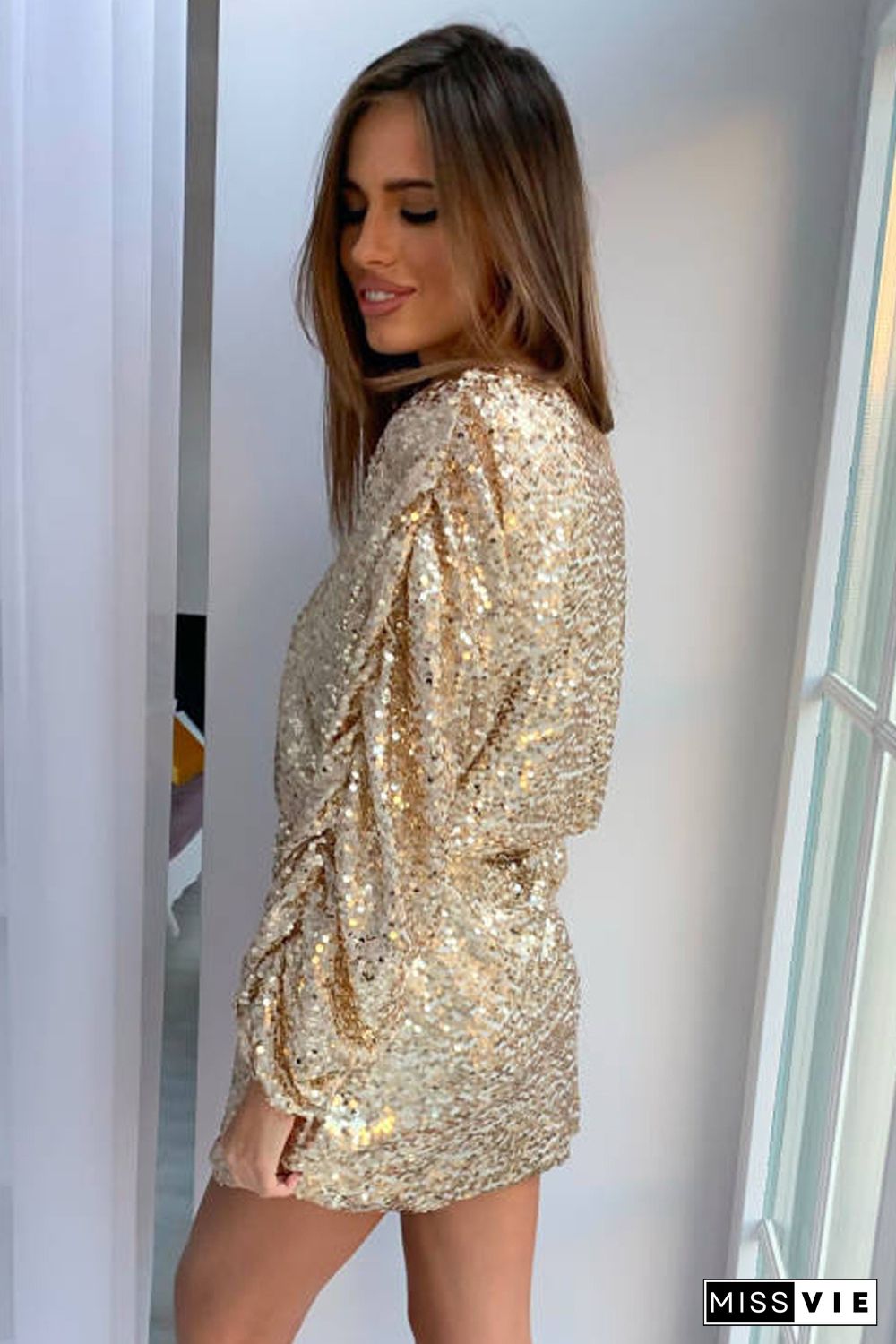 Gold Long Sleeves Sequin Mini Dress