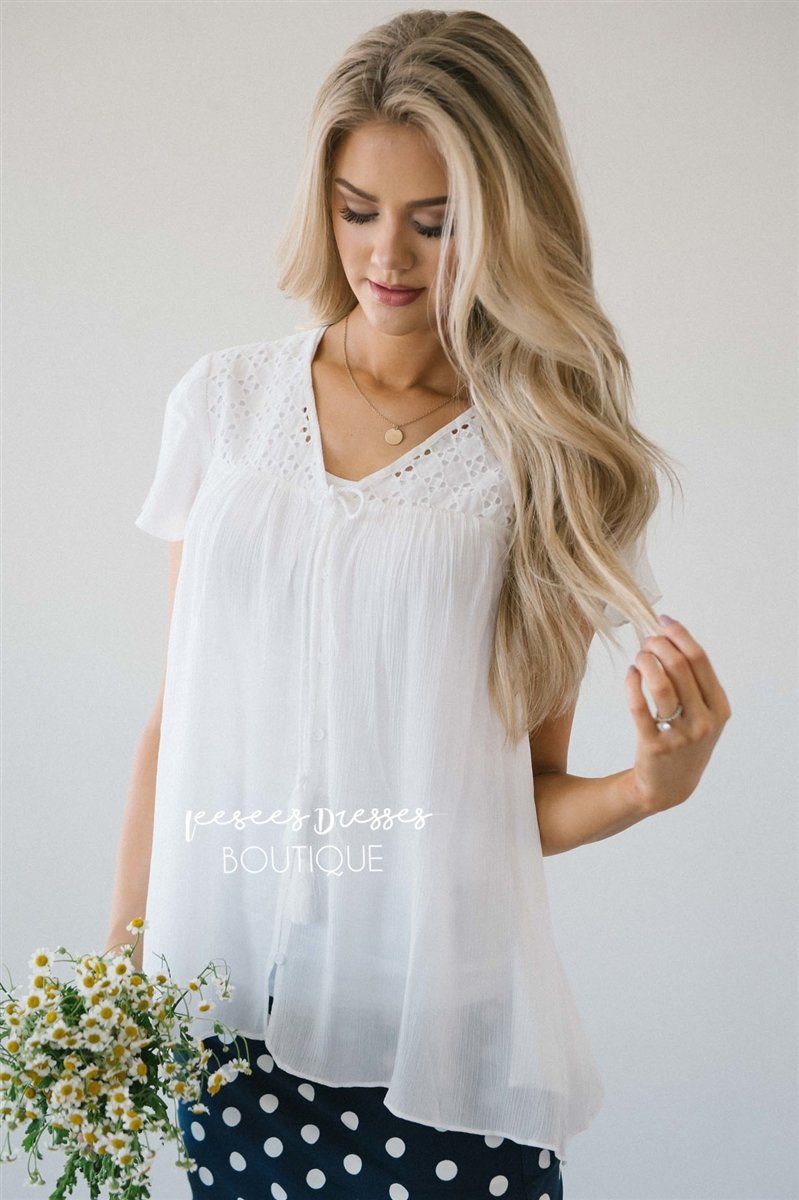 Eyelet Trim Tassel Drawstring Top