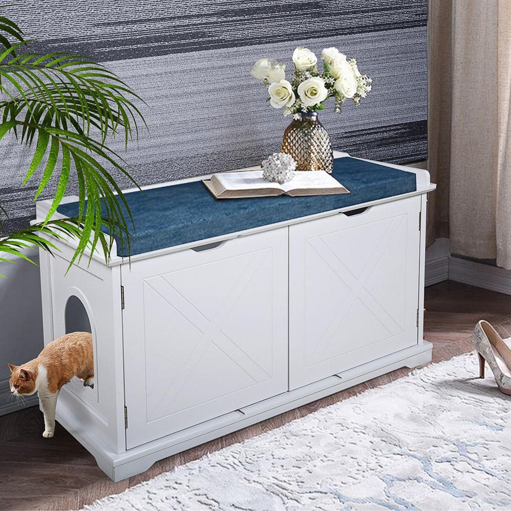 Cat Washroom Bench, Wood Litter Box Cover with Spacious Inner H-D0102HPN79U