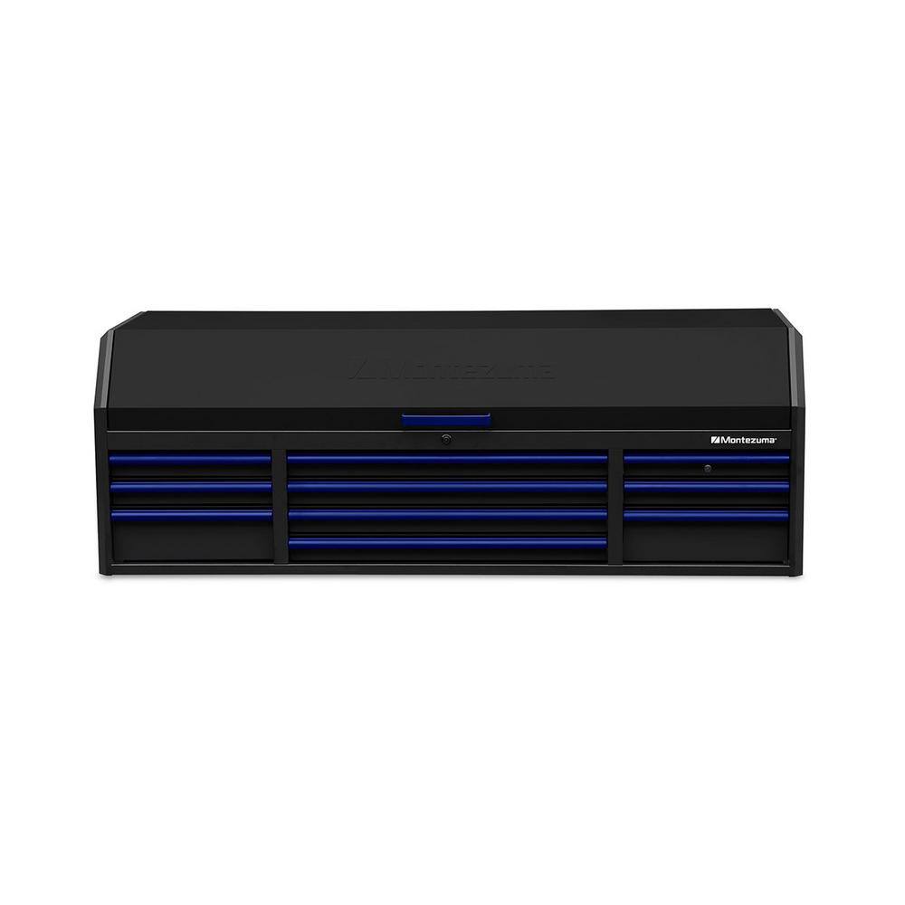 Montezuma 72 in. x 24 in. 10-Drawer Tool Top Chest with Power and USB Outlets in Black and Blue BKM722410CH