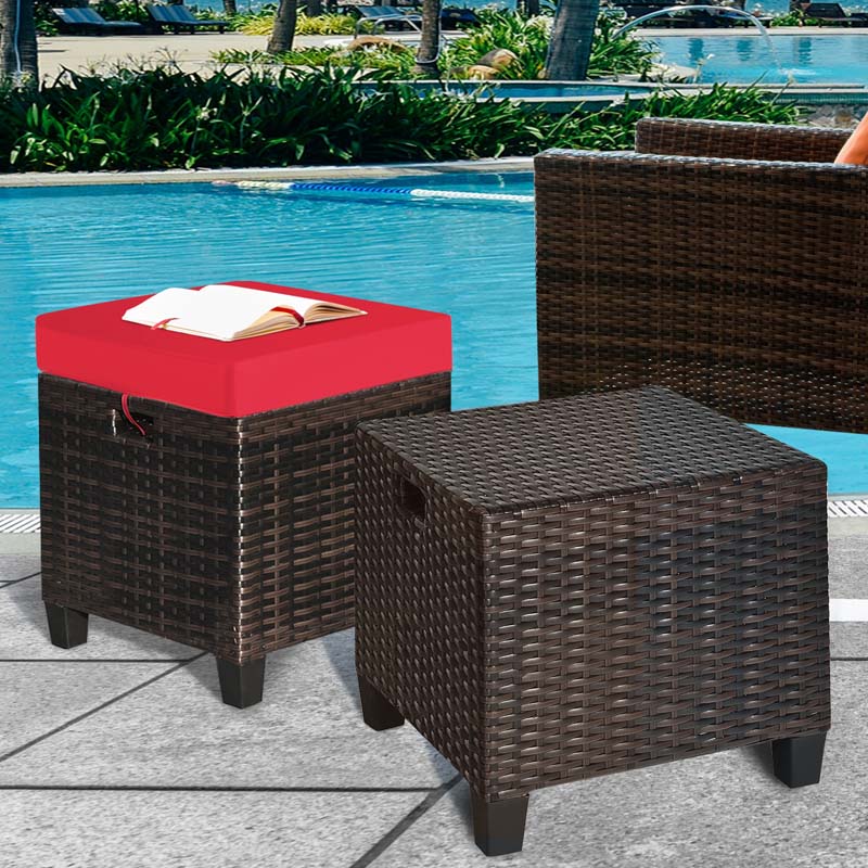 2 Pcs Rattan Patio Ottoman Set with Removable Cushions, All Weather Wicker Outdoor Footstool Footrest Seat